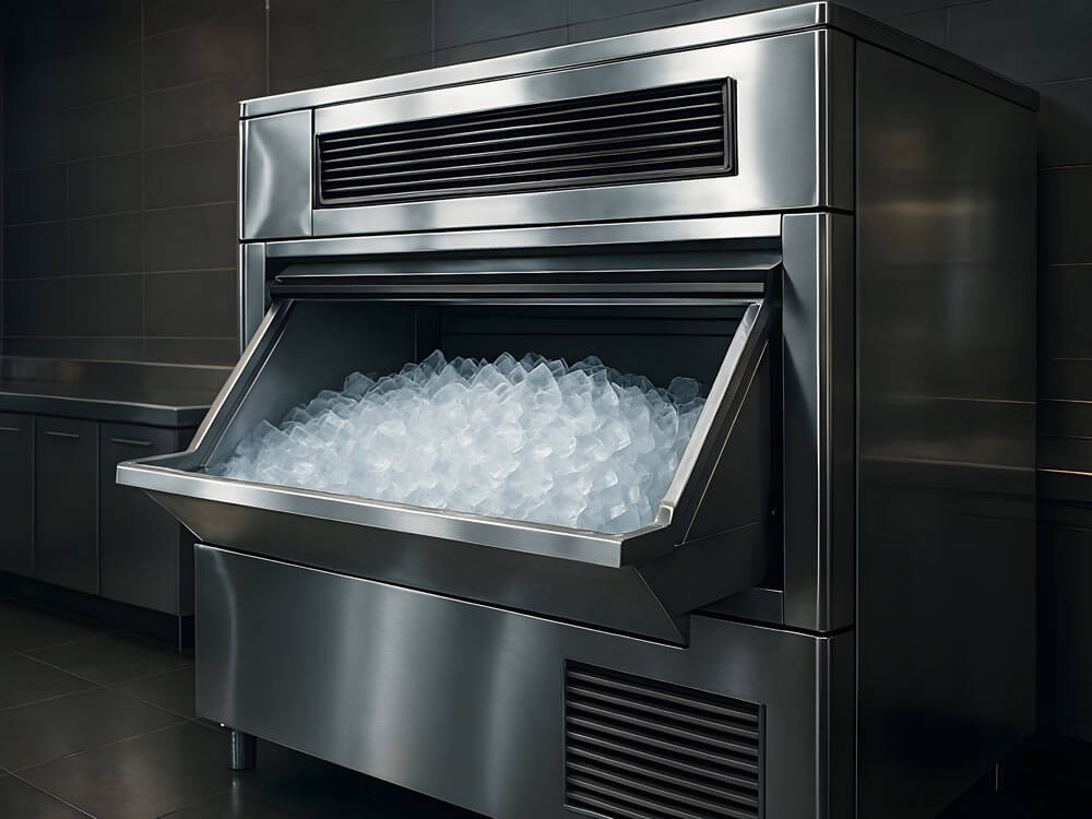 Large commercial ice machine in a stainless steel kitchen, with the front bin open and filled with clear ice cubes.