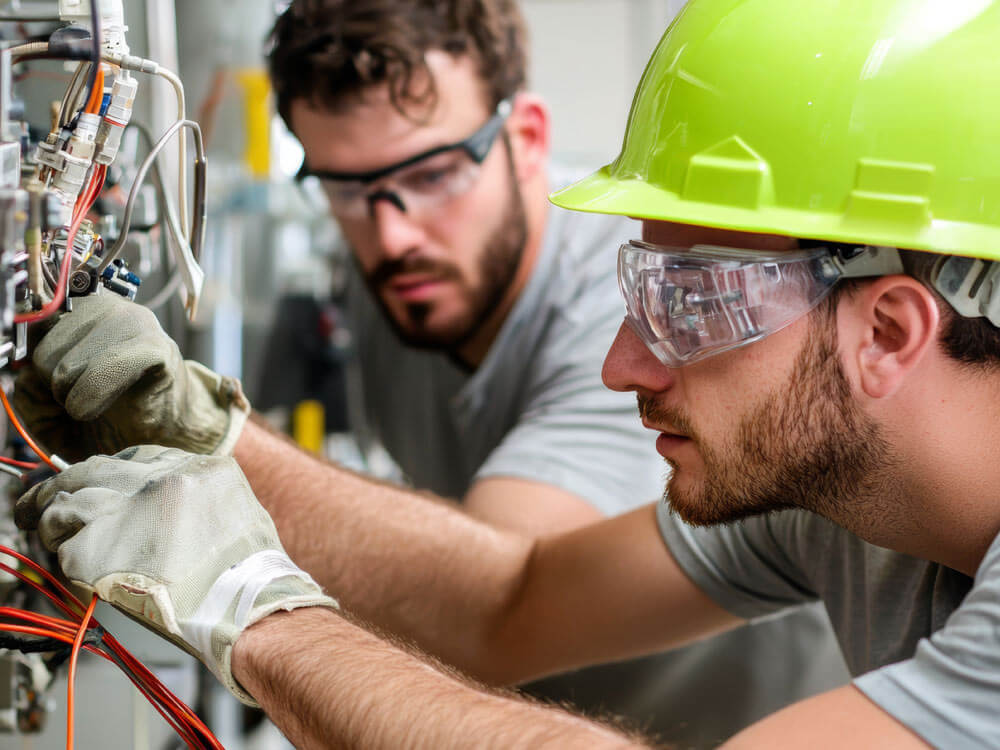 Technicians work together on wiring inside a commercial refrigeration system