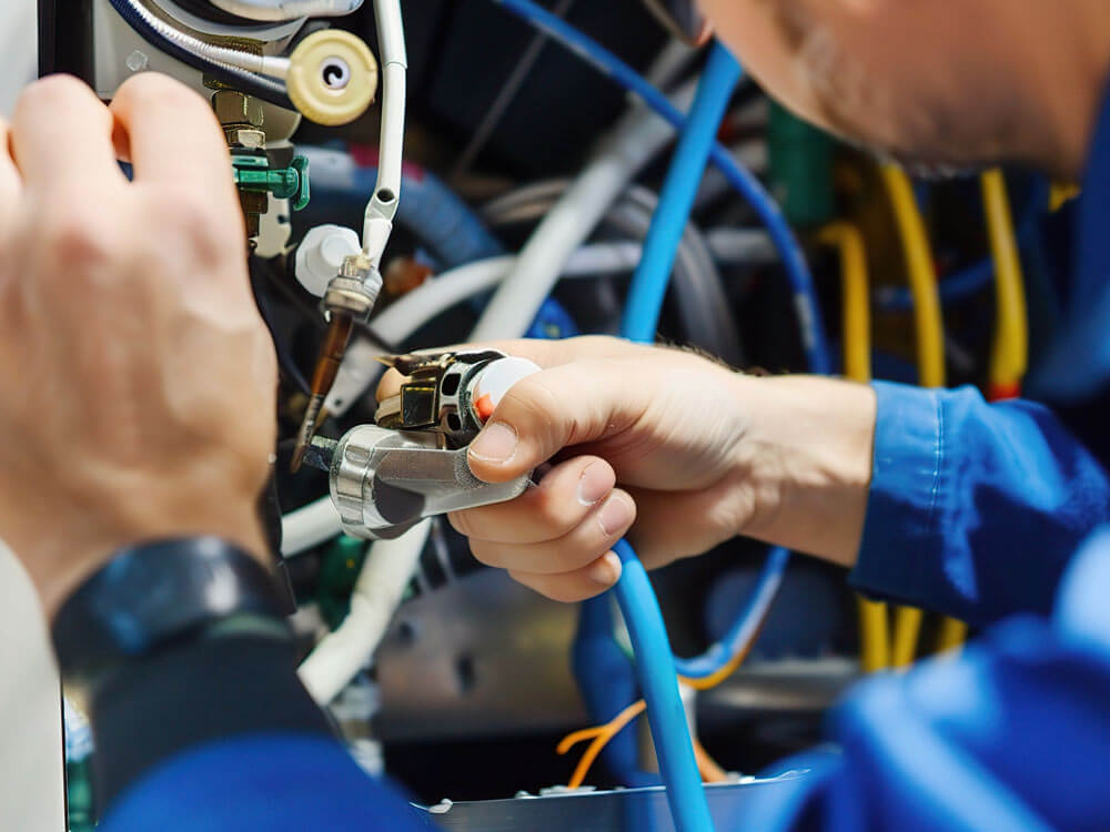 HVAC technician working inside a commercial refrigeration system, using tools to adjust internal components.