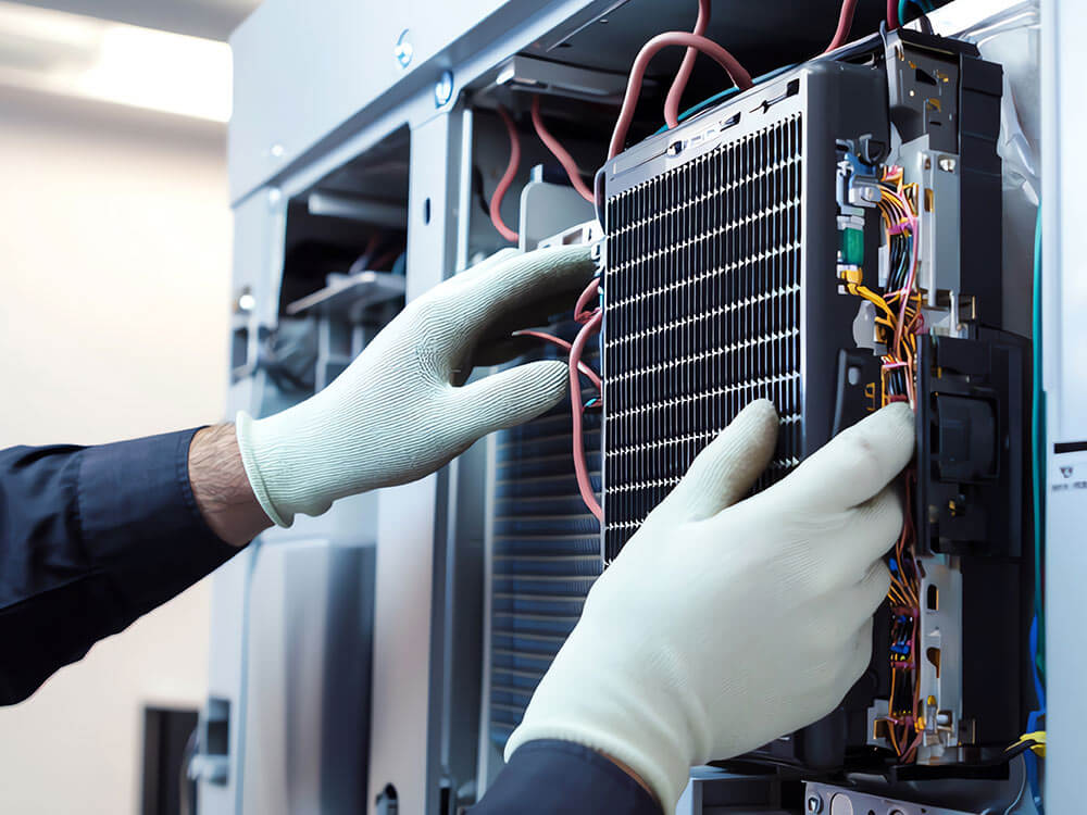 A technician services a component inside a commercial refrigeration unit